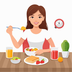 Woman having breakfast in the morning at home, vector illustration