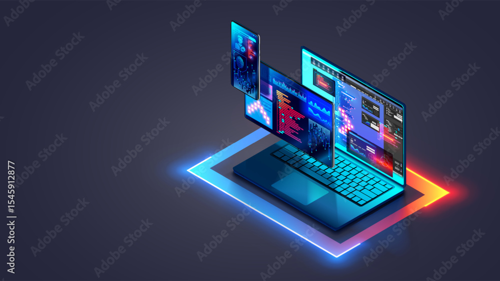 Aufkleber Web development and coding. Cross platform software development of website. Adaptive layout internet page or web interface on screen laptop, tablet and phone. Isometric computer technology concept.
