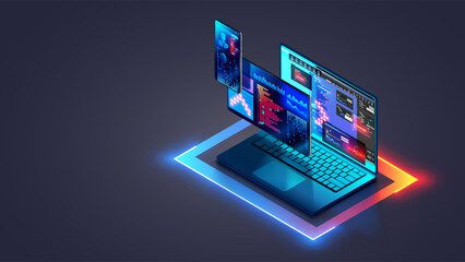 Web development and coding. Cross platform software development of website. Adaptive layout internet page or web interface on screen laptop, tablet and phone. Isometric computer technology concept.