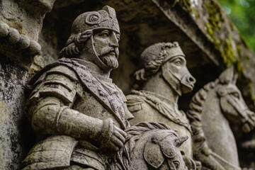 Medieval knights on horseback depicted in intricate stone carving from an ancient era, Medieval Knights On Horseback Stone Carving