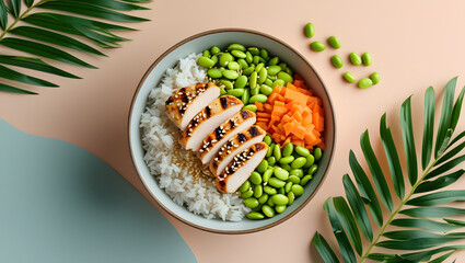 Top-Down Healthy Rice Bowl on Pastel Peach Background