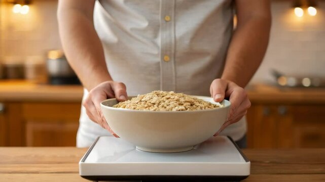 High fibre diet concept ,Bowl of dry oatmeal digital scale held by person over wooden counter warm kitchen with cozy lighting