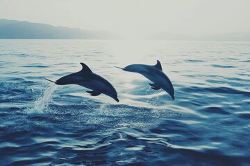 Obraz premium Wild dolphins gracefully dancing above calm ocean waters at sunset in slow motion, Tranquil and serene slow motion Photo of wild dolphins jump from water in sea