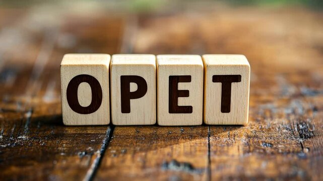 Wooden Blocks Spelling OPET on Rustic Wood Surface, Close-up of Organization of Petroleum Exporting Countries, Energy Industry, Global Economy, and International Relations