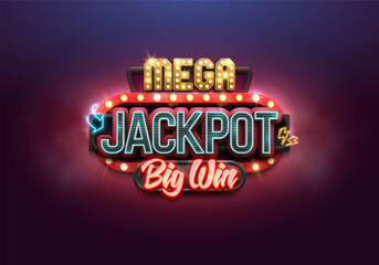 Shining Jackpot billboard with retro neon signs. Mega big win concept. Vector illustration.