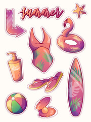 set of drawn summer stickers, beach theme with the image of a swimsuit, sunscreen, ball, inflatable ring, surfboard in bright summer colors