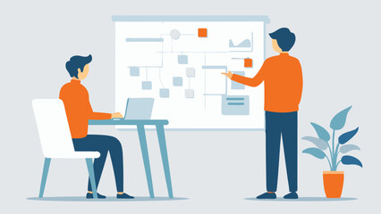 Business meeting with presentation of strategy on whiteboard and employee working on laptop at desk