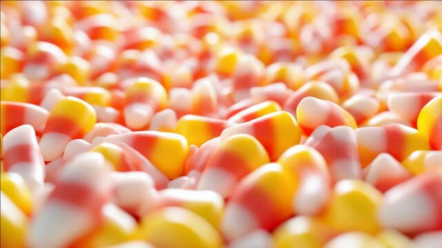 Close-up of a large amount of candy corn pieces, showcasing the vivid red and yellow hues typical for this holiday treat.
