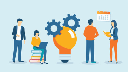 Teamwork and Innovation Business Professionals Collaborating with a Lightbulb and Gears to Generate New Ideas and Solutions