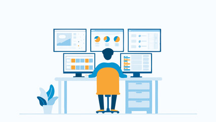 Person working at a desk with multiple monitors displaying data and charts illustration
