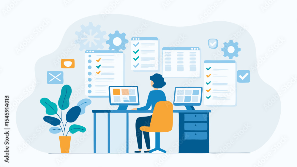 Poster person working at computer with checklists and gears in background illustration