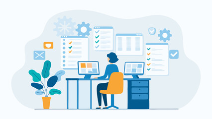 Person Working at Computer with Checklists and Gears in Background Illustration