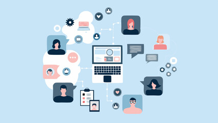 Digital Communication and Social Network Concept with Laptop and People Avatars in a Flat Design