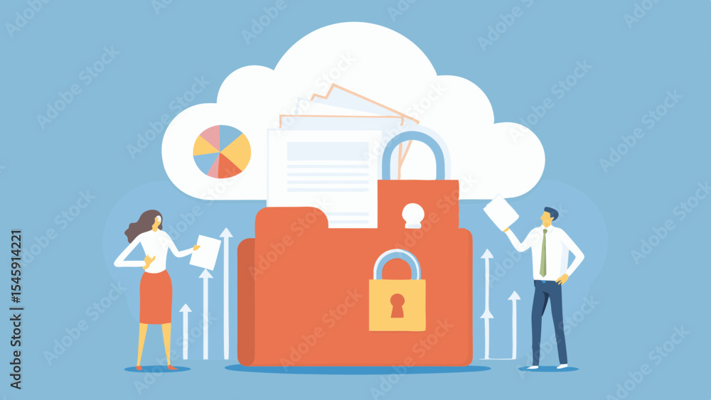 Poster cloud data security with business people folder documents and padlock for secure confidential inform