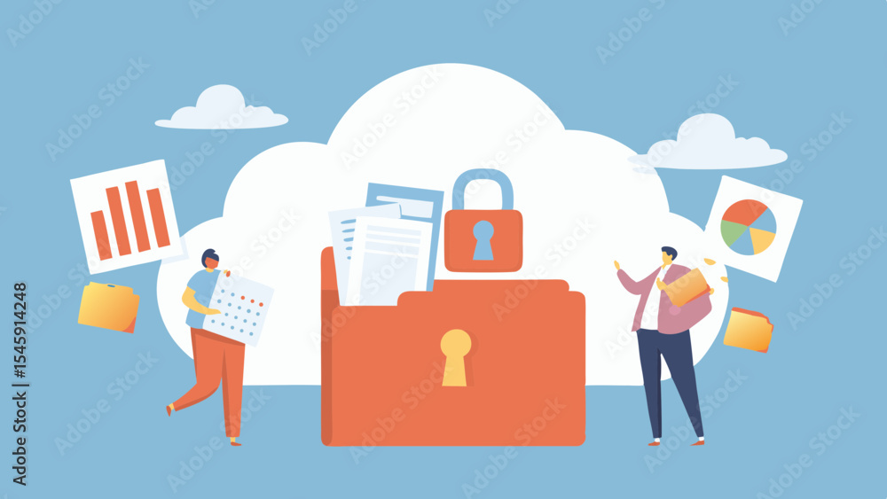 Poster cloud data protection and security with people managing files and documents in a folder