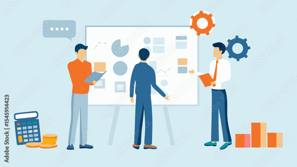 Poster business team analyzing data and planning strategy on whiteboard with charts graphs and gears vector