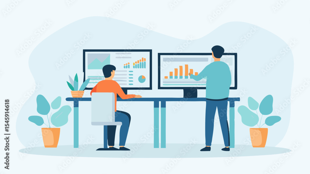 Poster two businessmen analyzing data on computer screens in a modern office environment with plants