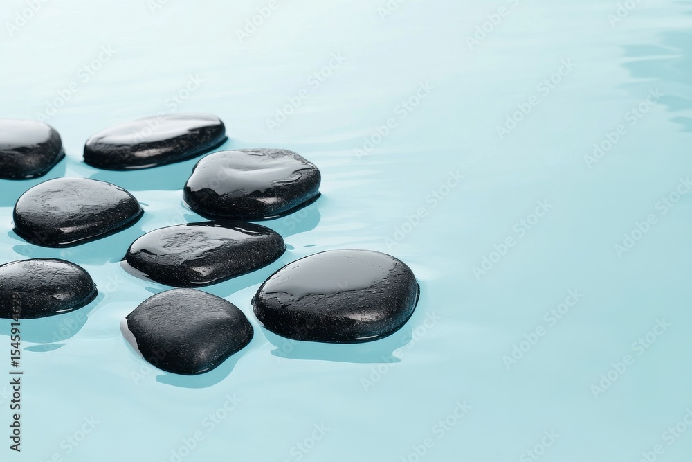 Poster smooth black pebbles positioned on a light blue surface create a calming and serene visual experienc