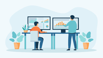 Two Businessmen Analyzing Data on Computer Screens in a Modern Office Environment with Plants