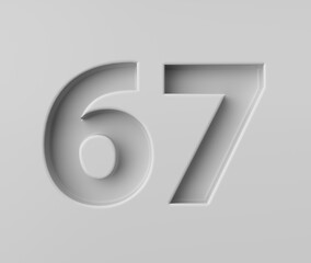 Sleek White Number 67 Sixty Seven With Subtle Shadow Embossed Into Grey Background 3D Illustration