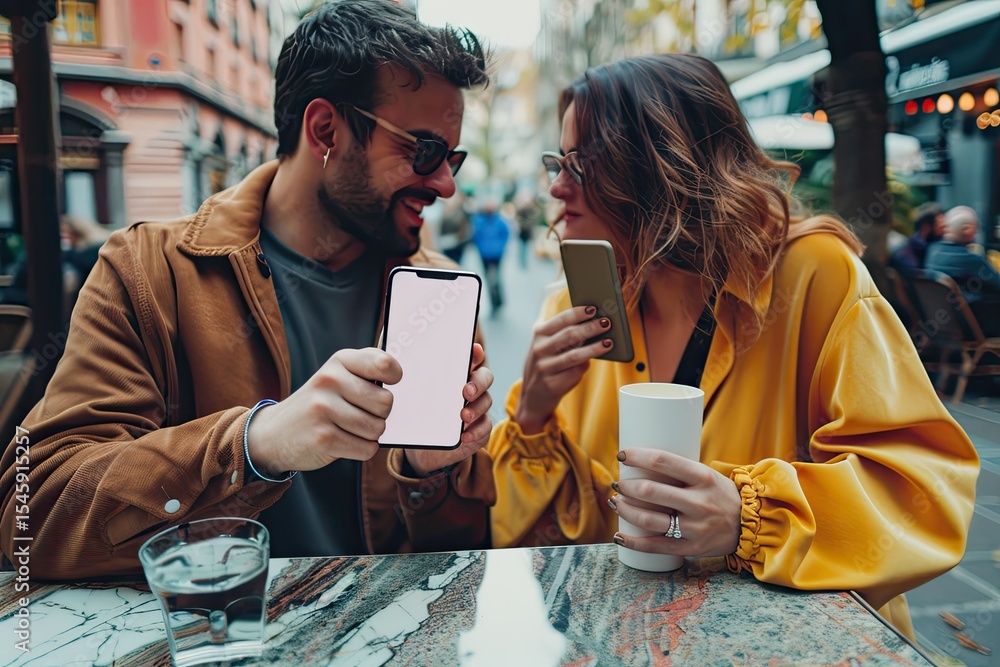 Poster high resolution picture of couple showing blank empty white smartphone screen for mock up