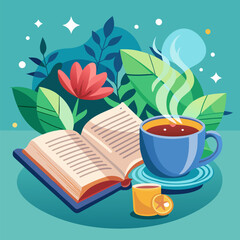 Open Book with a Cup of Coffee Illustration Representing Relaxation, Study Time, and Cozy Reading Moments