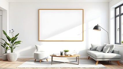 mock up poster frame in modern interior background, living room, Scandinavian style, 3D render, 3D illustration