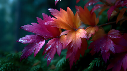 Vibrant autumn maple leaves with water droplets in pink and orange hues against dark green background, creating moody natural macro photography effect.