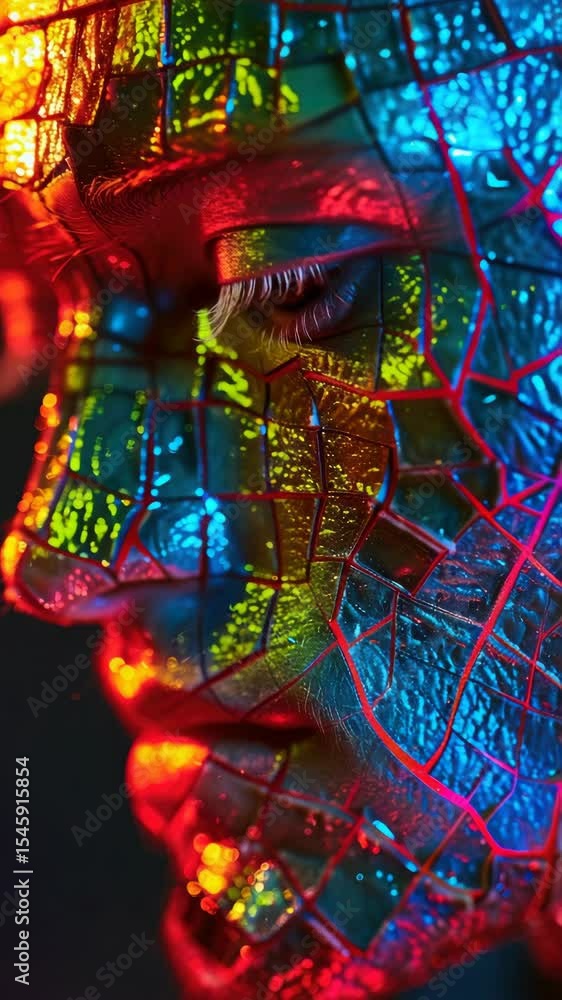 Poster vivid, multi-colored mosaic face with complex patterns and textures. highly detailed and unique cont