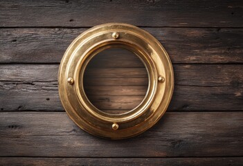 Oval brass porthole, nautical style, mounted on dark wood planks, reflecting light