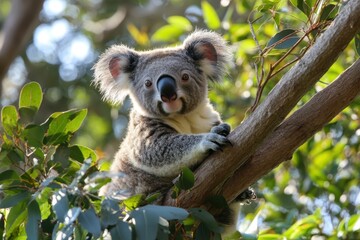 Fototapeta premium Explore wildlife in Tasmania with a friendly koala resting in a tree in the afternoon light, Discover Tasmania nature and wildlife Travel to Australia