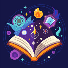 Open Book with Magic Symbols Illustration Representing Fantasy, Enchantment, and Mystical Knowledge in a Magical World