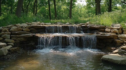 Naklejka premium Cascading waterfall feature nestled within a natural stone wall.