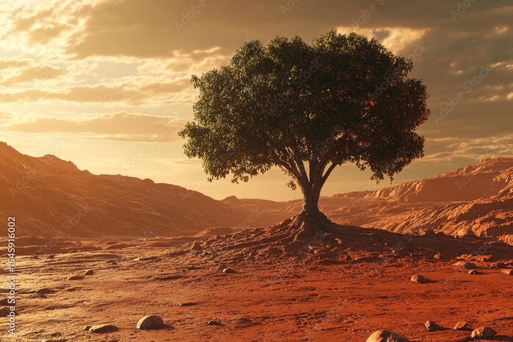 Poster tree growing on the red planet mars under a warm sunset glow, tree on red planet mars 3d render
