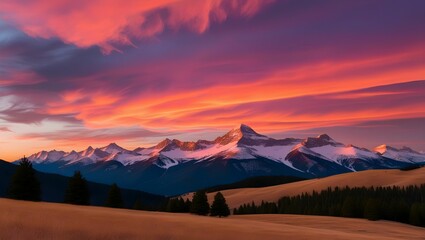 Breathtaking sunset casting golden light over towering mountain peaks