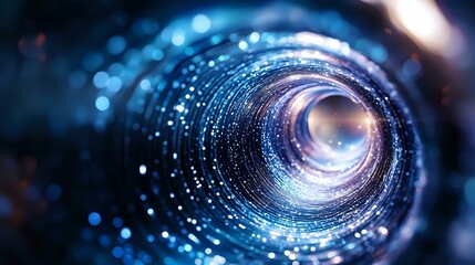 Glowing blue tunnel with light particles and bokeh effects creates futuristic perspective view for technology and science backgrounds.