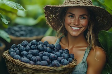 Young woman in straw hat and denim overalls holding fresh picked blueberries in woven basket, surrounded by green leaves on organic farm, natural lighting.