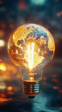 Sustainable energy concept, globe on bulb burning brightly with earth map inside