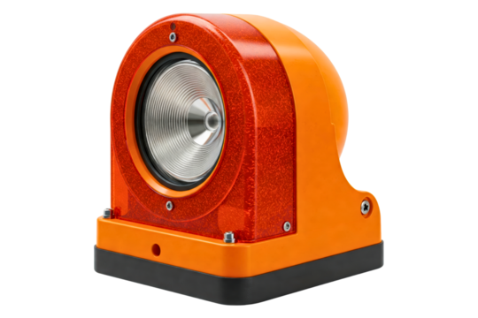 Bright orange warning light used for safety in construction zones isolated on a transparent background