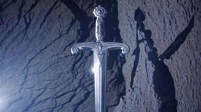 Sword in the Stone: A gleaming silver sword, embodying power and legend, stands firmly lodged in a rough stone, evoking themes of strength and valor against the backdrop of an ancient cavern.