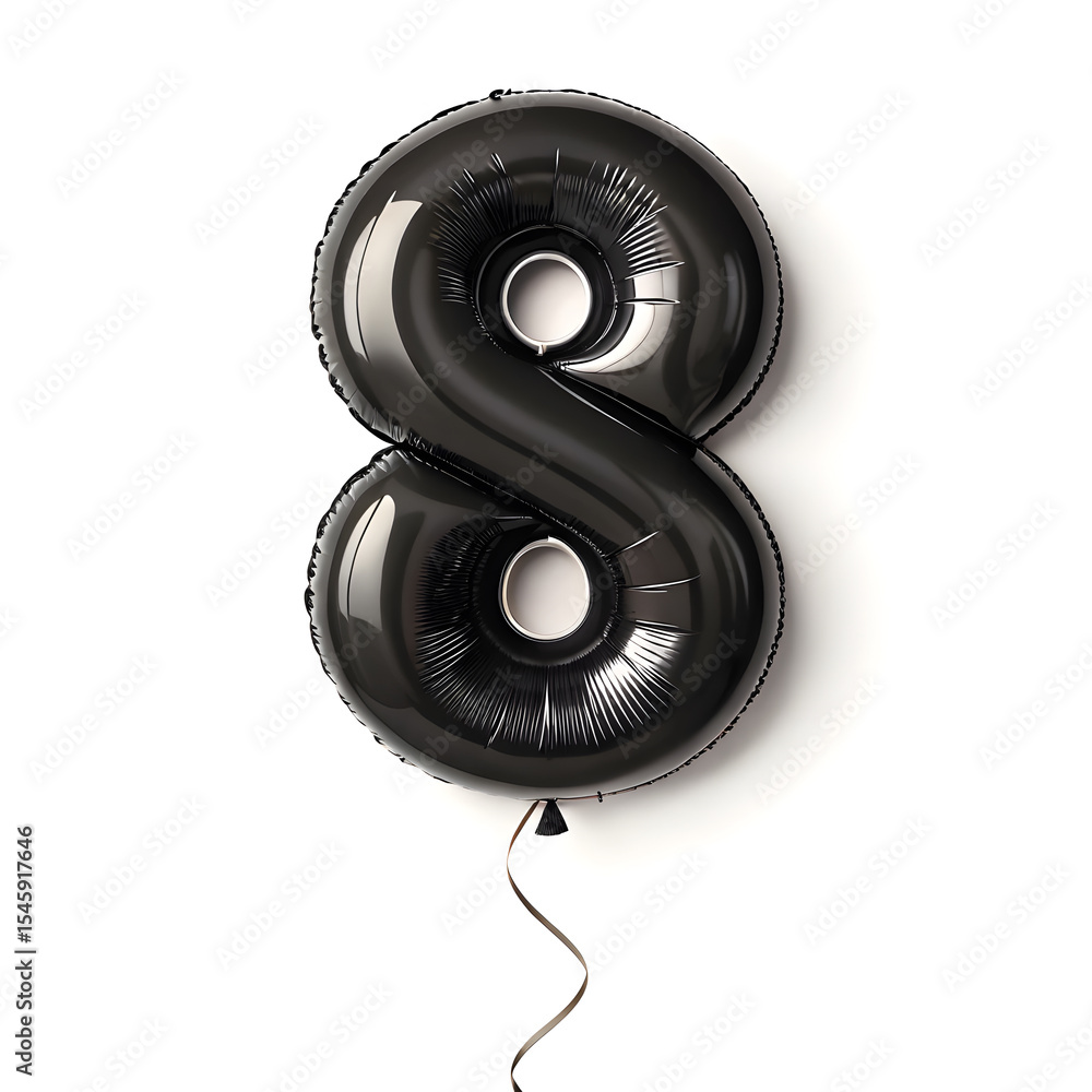 Fototapete a balloon shaped like the number 8,matte black metallic finish with realistic reflections and smooth