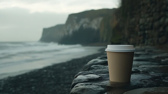 Disposable coffee cup standing on rock at the beach on windy day - Powered by Adobe