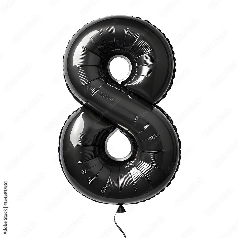 Fototapete a balloon shaped like the number 8,matte black metallic finish with realistic reflections and smooth