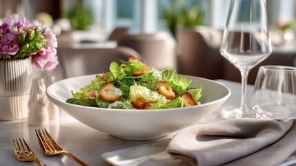 Gourmet caesar salad with croutons and parmesan cheese in upscale restaurant setting