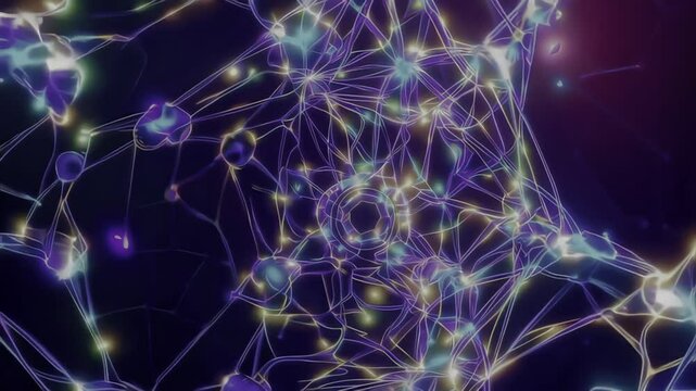 Colorful neural network animation showcasing connectivity and movement in a loop