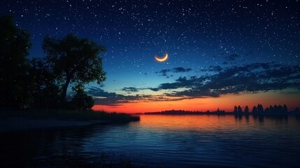 Silhouetted trees by a tranquil lake at twilight, with a crescent moon and starry sky