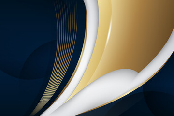 Luxury dark blue overlap dimension background. Colorful golden texture with shiny realistic golden elements. Modern vector design template on horizontal layout.