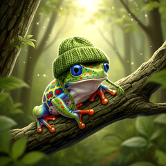 green frog on a branch