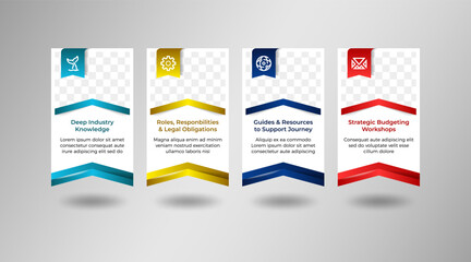 set of box page banner element for discribe infomation on website. infographic design elements with icon, photo space and text. up arrow element with retro flag with shadow effect.