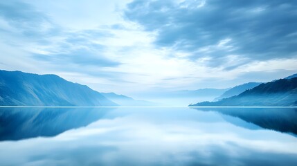 Panoramic view of the Lake Toba with calm waters reflecting surrounding hills, Indonesia